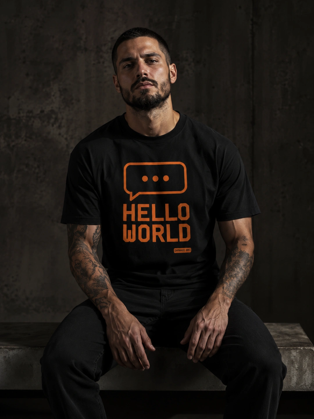 DRPHAUS premium heavyweight 240GSM cotton tee design: HELLO WORLD t-shirt design on model