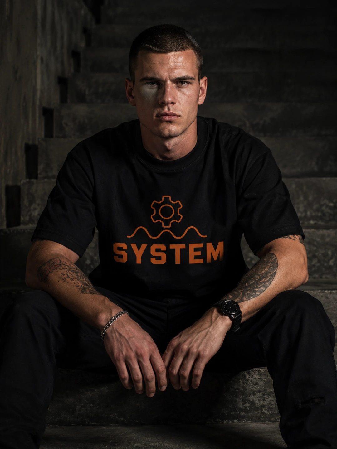 DRPHAUS premium heavyweight 240GSM cotton tee design: SYSTEM t-shirt design on model